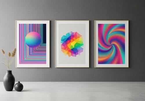 Modern gallery wall mockup featuring three vibrant abstract geometric art prints photo