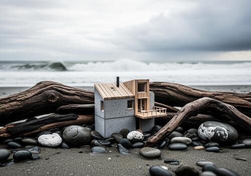 Conceptual model of a modern concrete and wood cabin on a dramatic ocean shore. photo