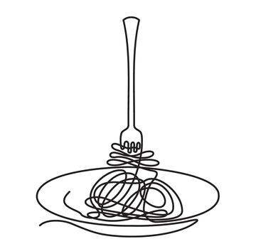 One continuous line drawing of fork and plate with spaghetti in simple linear style. One line noodle. Single line drawing of Hand draw sketch. Minimalist line art illustration for restaurant menu vector