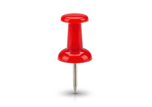 Single red push pin office supply item isolated isolated on white background photo