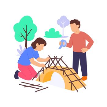 Building A Bridge, creating teamwork structure with materials vector