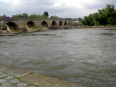 explorador el histórico Roca puente terminado el Danubio río en Ratisbona, Alemania debajo un nublado cielo foto
