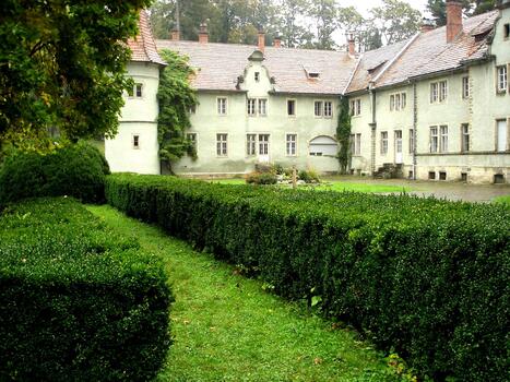 Hedge of trimmed into a square shape of the bushes in the direction of the building Shenborn Castle photo