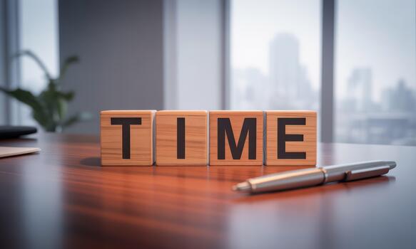 Time block on desk with pen and laptop photo