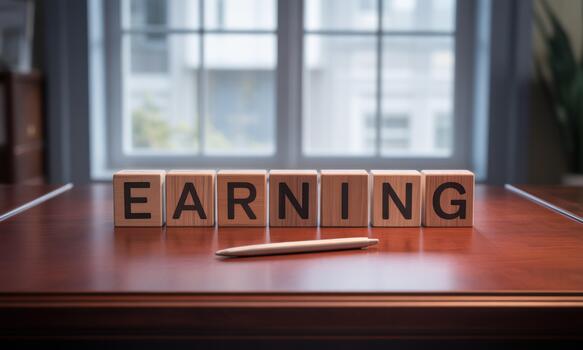 Earning is a word made of wooden blocks with a pen on top of it photo