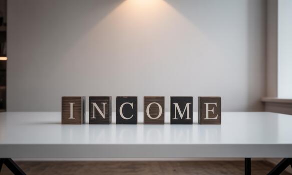 Income word block on table photo