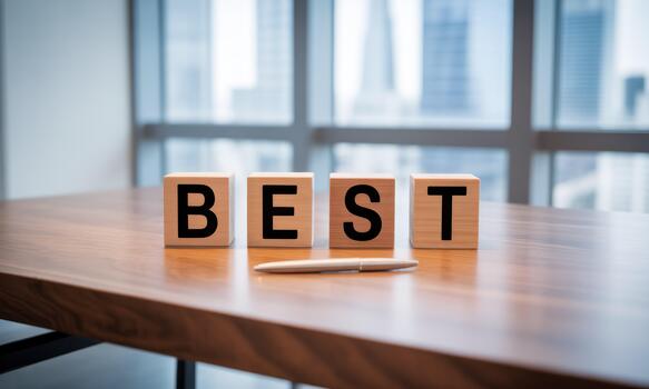 Best word block on wooden table with city view photo
