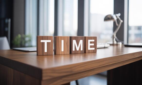 Time block on desk with laptop and window photo