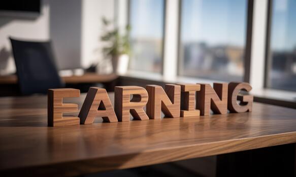 Earning word on wooden table in office with window photo
