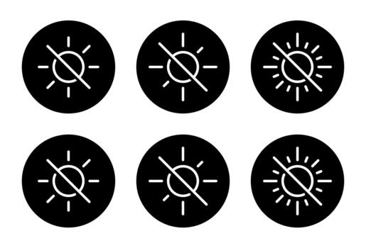 Brightness off icon set in black circle. Sun line with slash symbol. Light disable sign vector