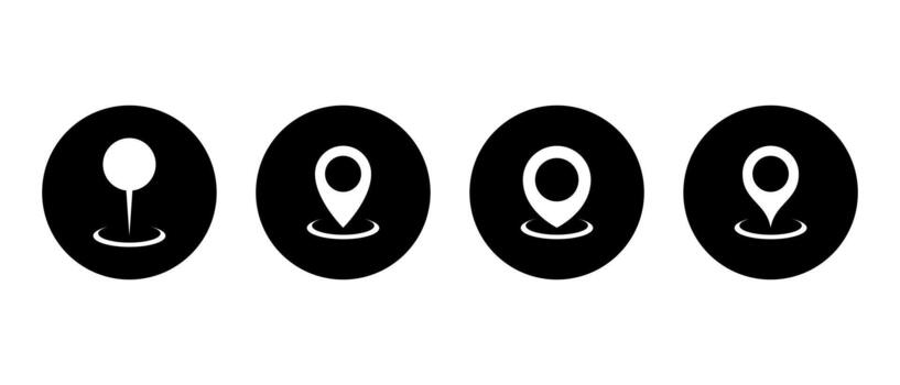 Place marker icon set in black circle. Map pin, location and gps pointer symbol. Navigation and destination sign vector