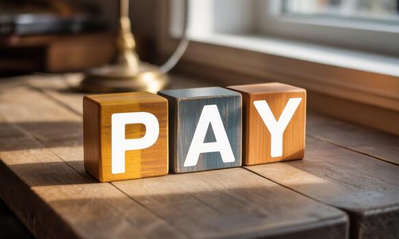 Pay - word block on wooden table with sunlight on it photo