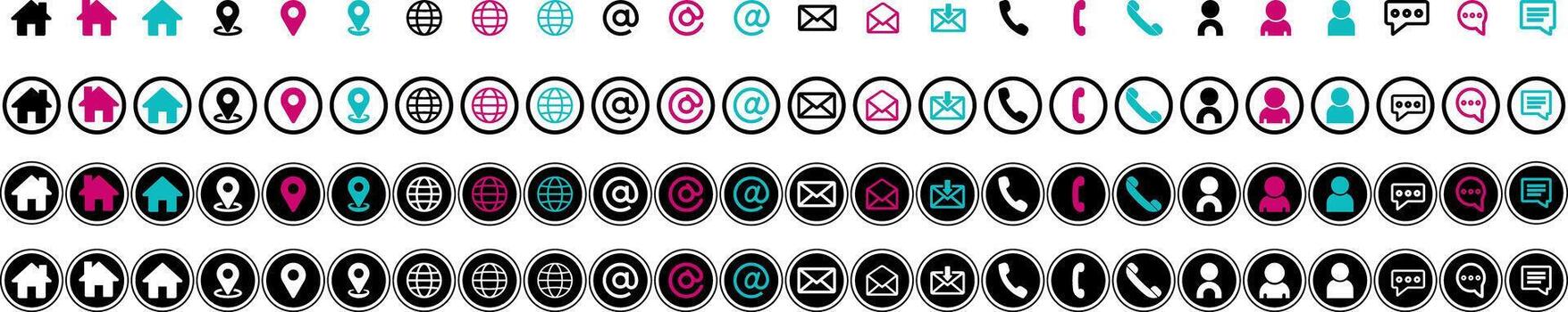 Contact info icon set. Line art and flat shape in different style icon set on call, web, mail, message, location, internet, chat, website, e-mail and etc. for graphic design elements vector