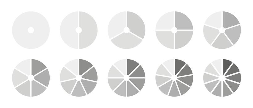 Monochrome diagram with 1, 2, 3, 4, 5, 6, 7, 8, 9, 10 equal sections, steps. Pie chart. Circle icons for UI, web design, business presentation, infographic, statistic, analytics. Graphic illustration. vector