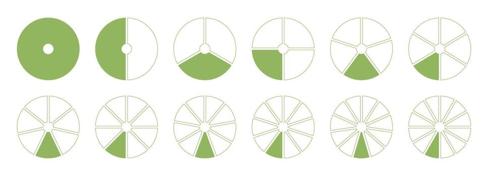 Divided circular diagrams on from 1 to 12 equal parts. Segments green wheel round infographic. Set of coaching blank templates. Graph pie, pizza shape section charts icons collection. vector