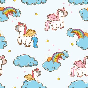 Colorful unicorns with wings and clouds vector