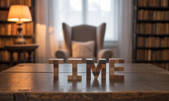 Time block letters on table in library photo