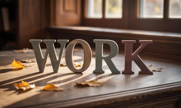 Work on a desk with autumn leaves photo