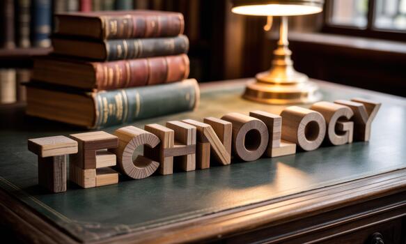 Technology word on wooden blocks on a desk photo