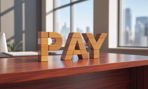 Pay sign on desk with city view photo