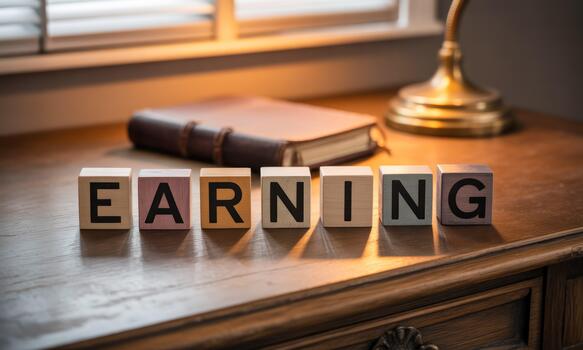 The word earning in wooden blocks on a desk photo