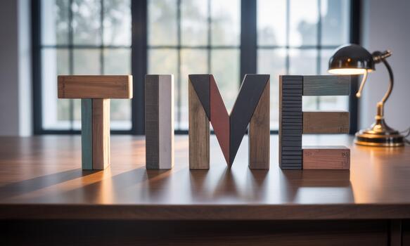Time word on wooden table with lamp and desk photo