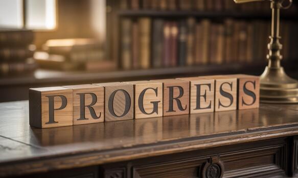 Progress block on wooden desk with books and clock photo