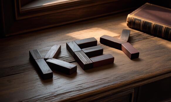 Key word on wooden table with book and wooden blocks photo