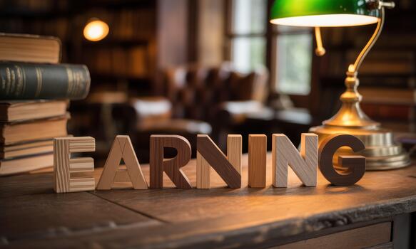 Earning word on wooden letters on desk with books and lamp photo