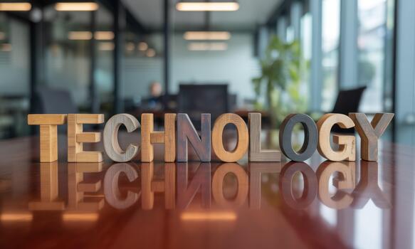 tecnología palabra en de madera letras en un mesa foto