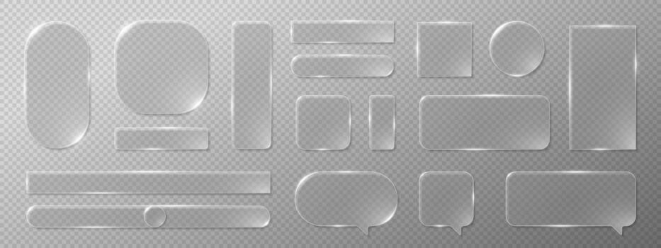 Modern glass button and UI frame set with glossy effect. Liquid glassmorphism style for app, web or HUD interface. Futuristic 3D design with soft light and reflection. vector