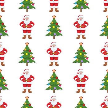 Christmas seamless pattern with Santa Claus figures and decorated fir trees on white. Festive, New Year decorative repeat print for textiles, wrapping. vector