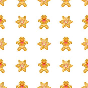 Christmas seamless pattern with gingerbread men and star cookies on white. Festive, New Year decorative repeat print for wrapping paper. vector