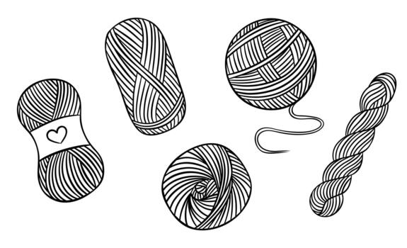 set, different skeins of yarn for knitting, simple black and white icon, doodle and sketch style vector