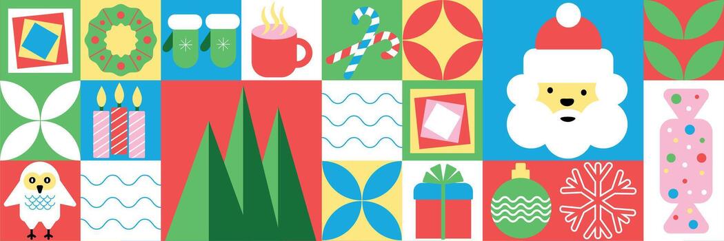 Christmas abstract geometric background in Bauhaus style. Colorful christmas pattern with various objects vector