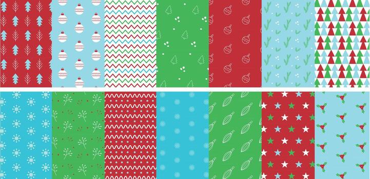 Set of Christmas patterns in a simple minimalist style. Geometric abstract Christmas and new year symbols for wrapping paper, background, fashionable. Christmas paper patterns set of 14 patterns vector