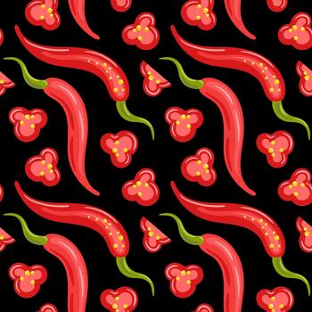 A seamless pattern of red chili peppers with glossy surfaces, vivid scarlet hues, and crisp shapes, creating a spicy, energetic texture. vector