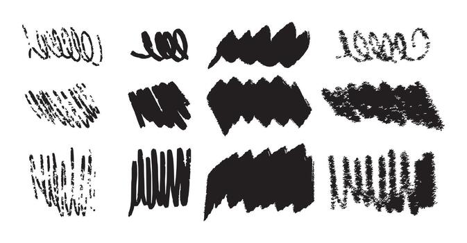 Set of black brush strokes, scribbles, and hand drawn lines on a white background. Grunge textures and ink marks with rough edges. Abstract design elements for posters, collages, banners, and vector