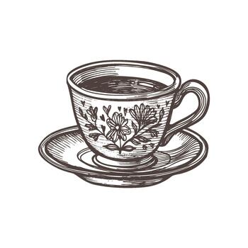 A detailed line drawing of a teacup with ornate patterns on a matching saucer. The cup and saucer display intricate curves and decorative motifs. vector