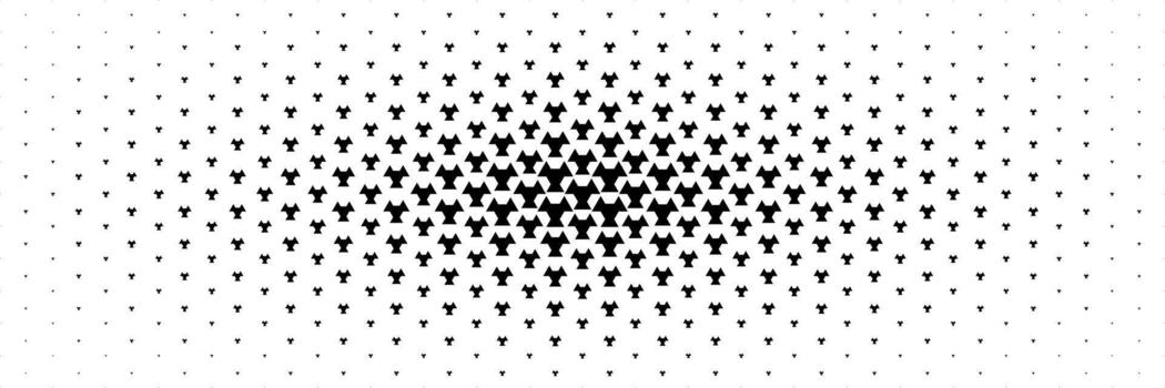 horizontal trama de semitonos de negro triángulo y hexágono diseño untado desde centrar en blanco para modelo y antecedentes. vector