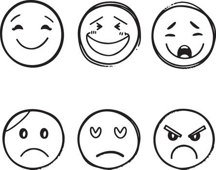 smiles set, graphics isolated on a white background, in a marker brush style in black color, different emoji emotions, cheerful, sad vector