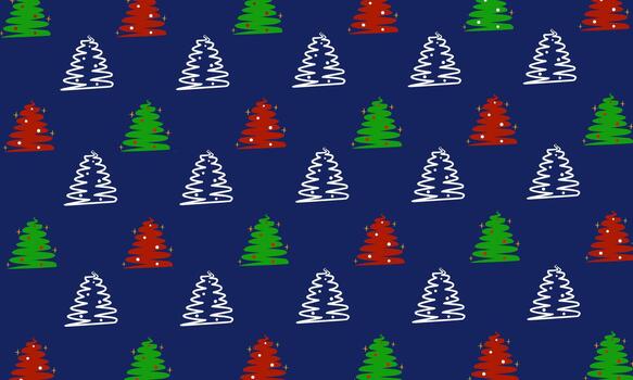 A repeating pattern of simple pine tree illustrations in red, green, and white on a dark blue background, perfect for festive and holiday-themed graphic design projects vector