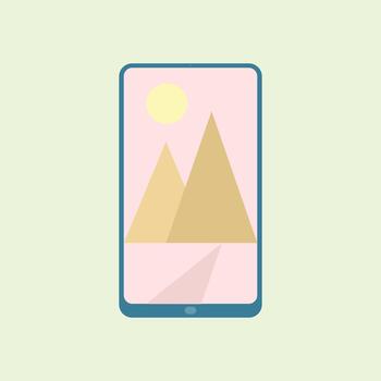 minimalista ilustración de un teléfono inteligente mostrando un paisaje foto icono con sencillo montañas y un Dom en un suave pastel fondo, simbolizando digital imágenes y móvil fotografía. vector