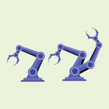 Blue robotic arms illustration symbolizing industrial automation, precision technology, and modern engineering innovation on a light green background. vector