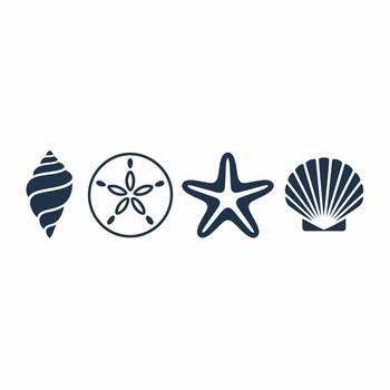 A set of four minimalist icons represents ocean elements a conch shell, sand dollar, starfish, and scallop shell. vector