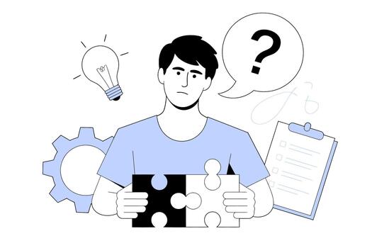 un hombre sostiene rompecabezas piezas con un interrogatorio expresión. vector