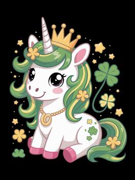 A whimsical unicorn is adorned with a crown and surrounded by clovers and stars. vector