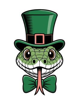A cartoon snake is adorned with a green top hat and bow tie against a black background. The design is simple yet striking, focusing on the snake's playful expression. vector