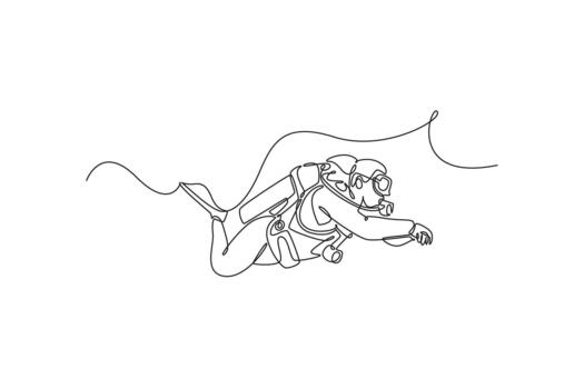 Single continuous line drawing scuba diver is floating underwater with a tank and fins, gliding in horizontal motion, fluid exploration and adventure. One line draw graphic design illustration vector