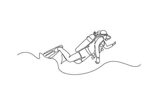 Single continuous line drawing scuba diver is floating underwater with a tank and fins, pointing the way for exploration, fluid motion and adventure. One line draw graphic design illustration vector